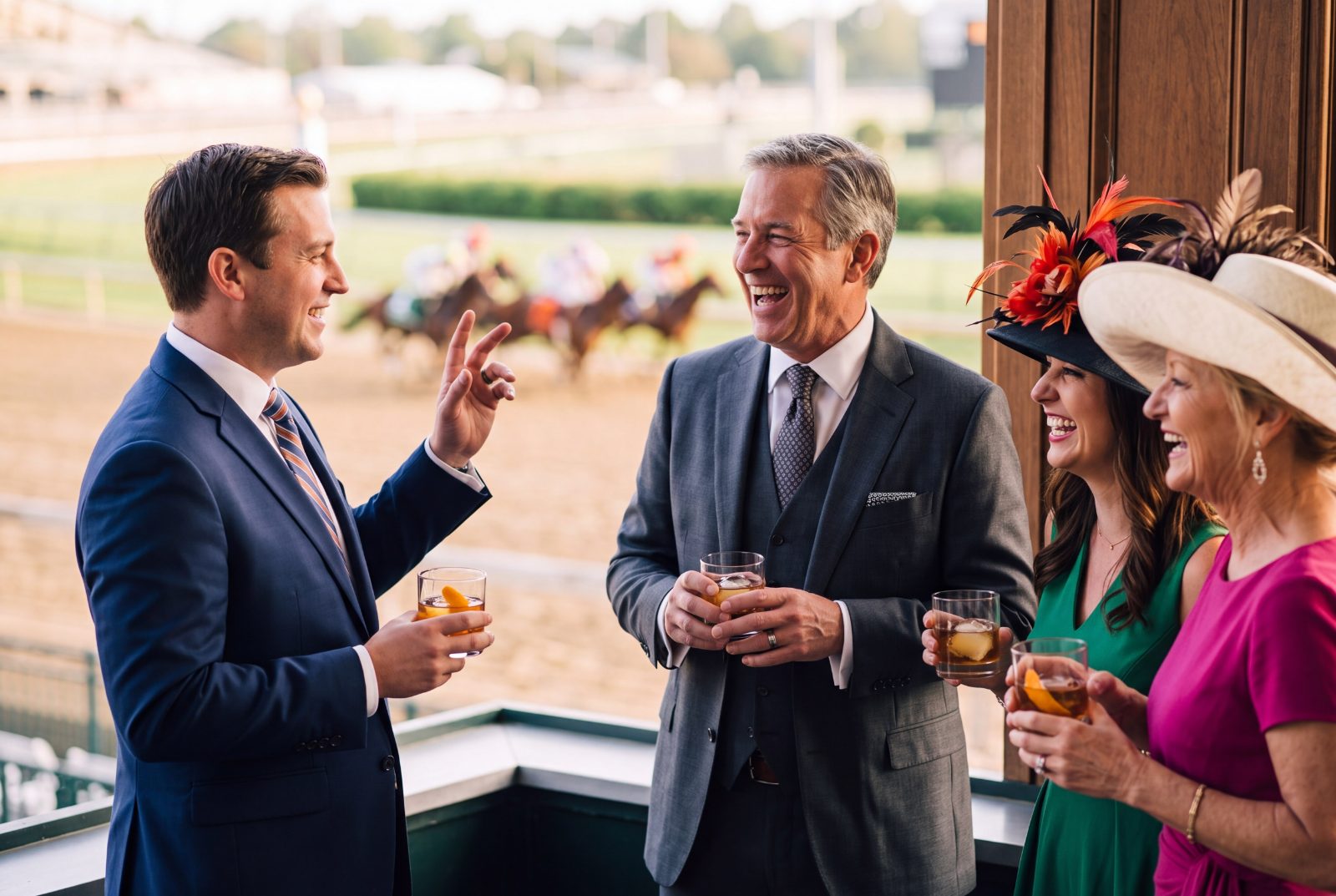 Owners laughing over drinks in the box